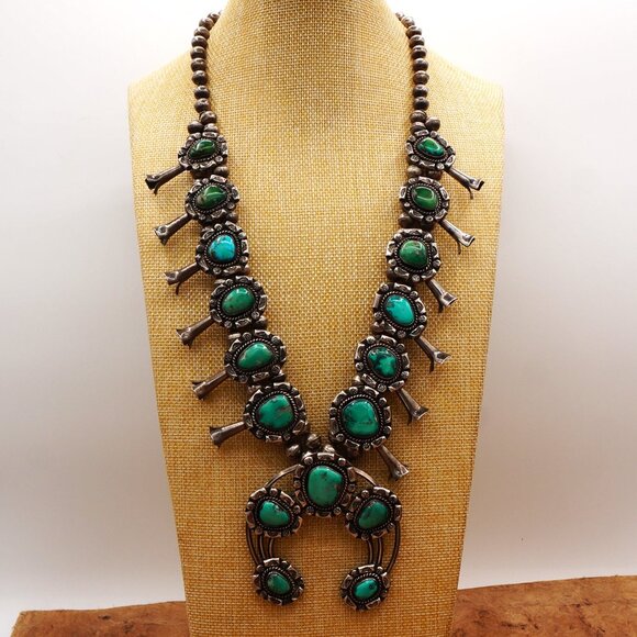 Unique Vintage Native Navajo Turquoise Squash Blossom Ornate Silver Necklace 27" - Picture 3 of 13